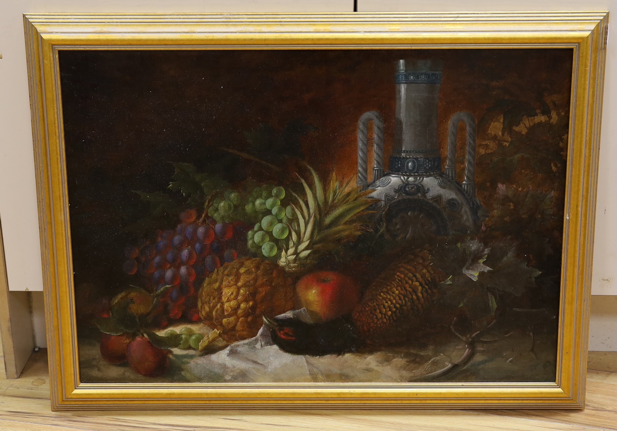 Attributed to George Lance (1802-1864), oil on canvas, Still life of fruit, a pheasant and a German vase upon a table top, signed and dated 1844, 47 x 67cm